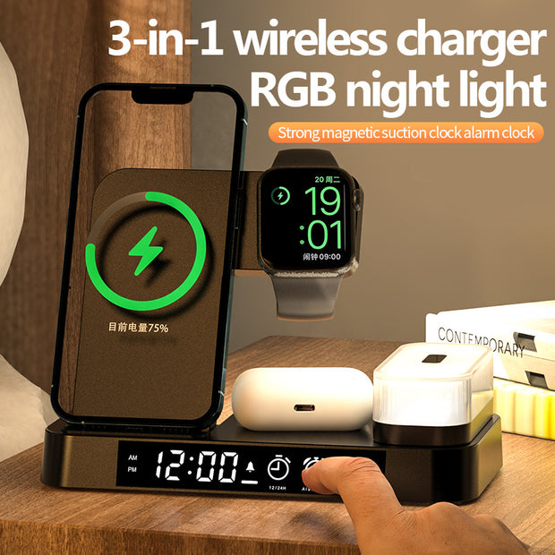 4 In 1 Multifunction Wireless Charger Station With Alarm Clock Display Foldable Wireless Charger Stand With RGB Night Light - Allstar Station