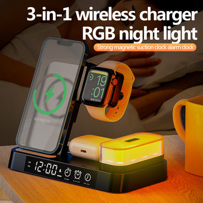 4 In 1 Multifunction Wireless Charger Station With Alarm Clock Display Foldable Wireless Charger Stand With RGB Night Light - Allstar Station